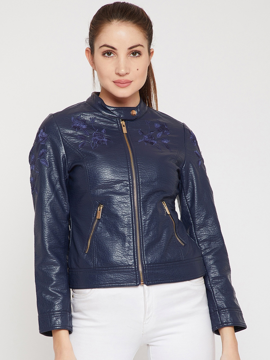 

Marie Claire Women Navy Blue Solid Biker Jacket