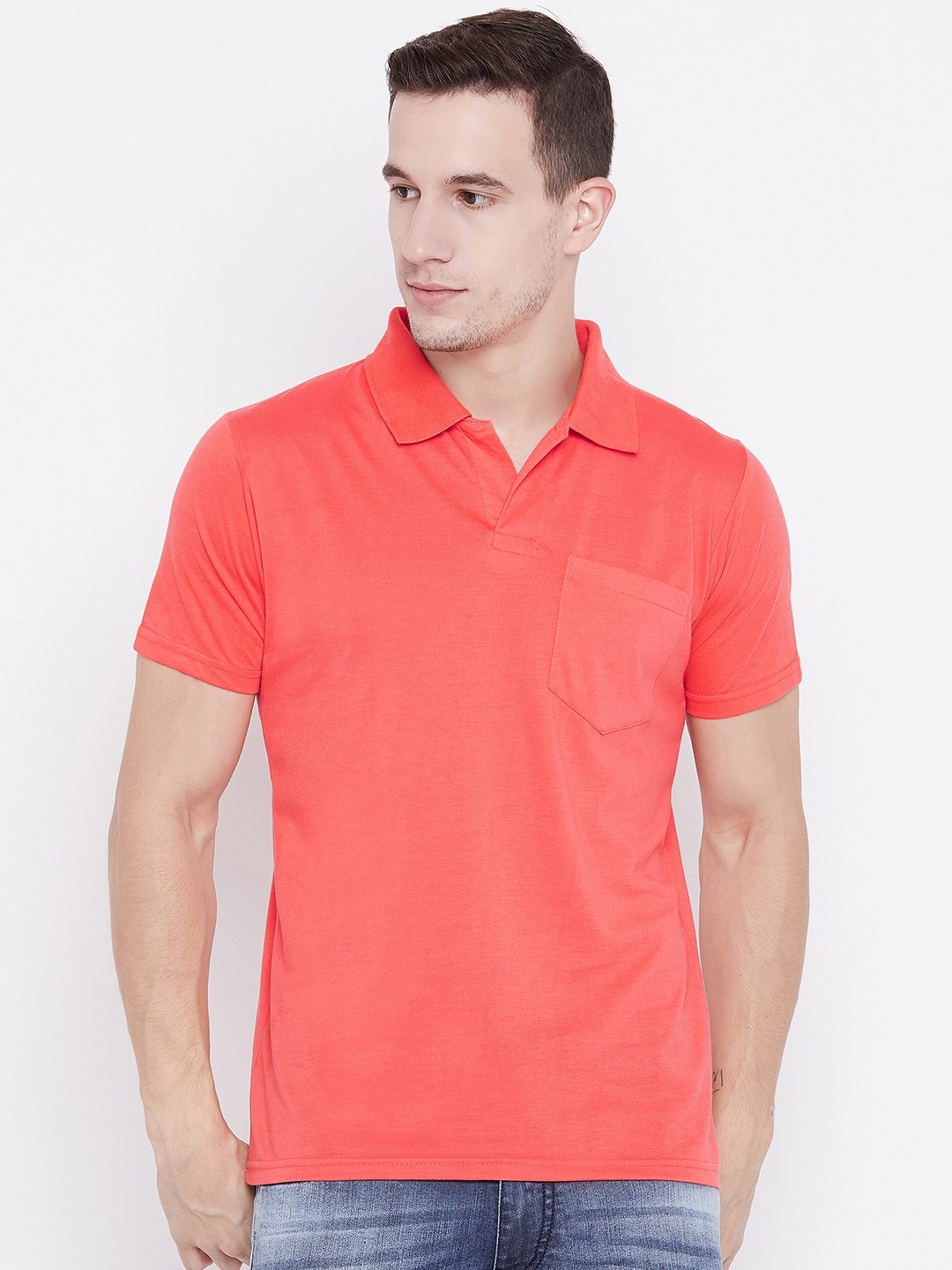 

Camey Men Coral Pink Solid Polo Collar T-shirt