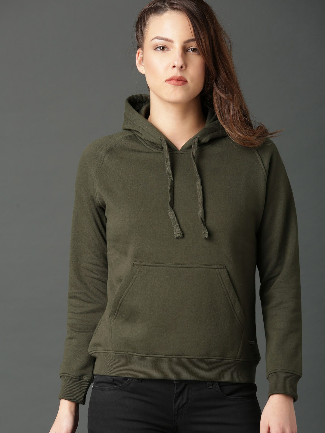 

Roadster Women Olive Green Solid Hooded Sweatshirt