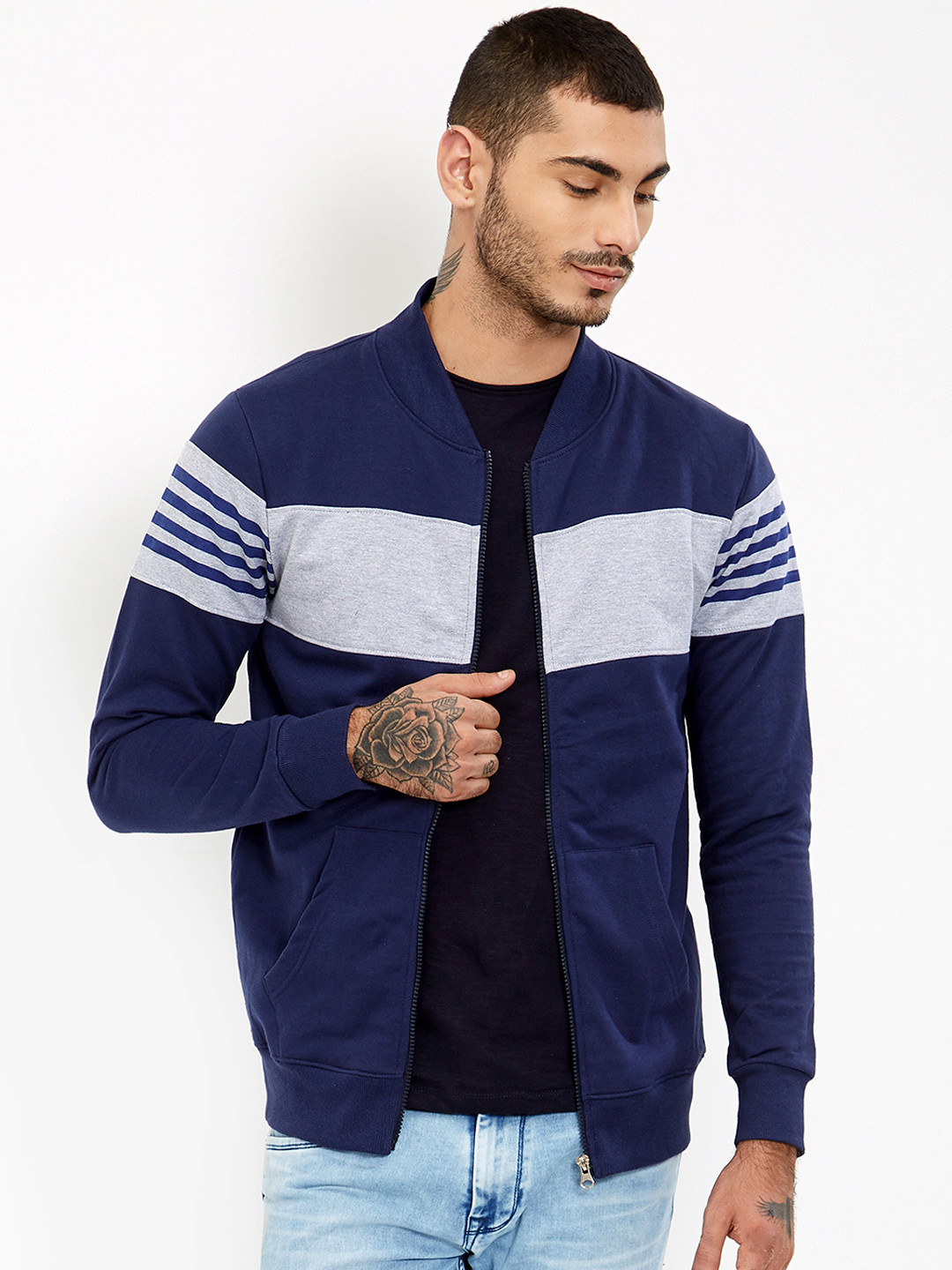 

Maniac Men Navy Blue Striped Windcheater Bomber
