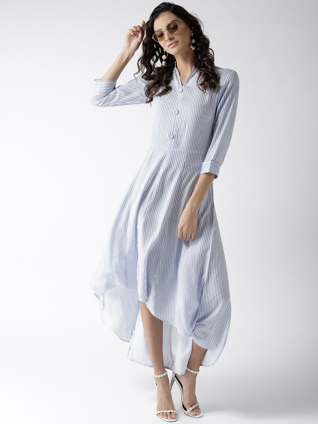 

Popnetic Women White & Blue Striped Maxi Dress