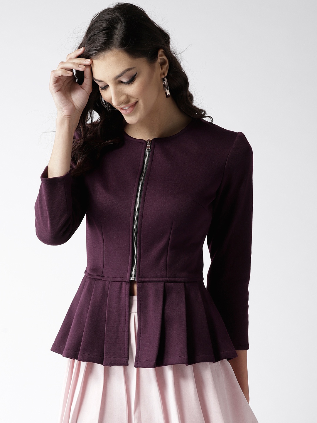 

Popnetic Women Burgundy Solid Peplum Jacket