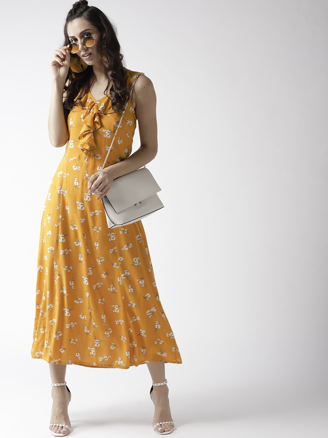 

Popnetic Women Mustard Yellow Printed Maxi Dress