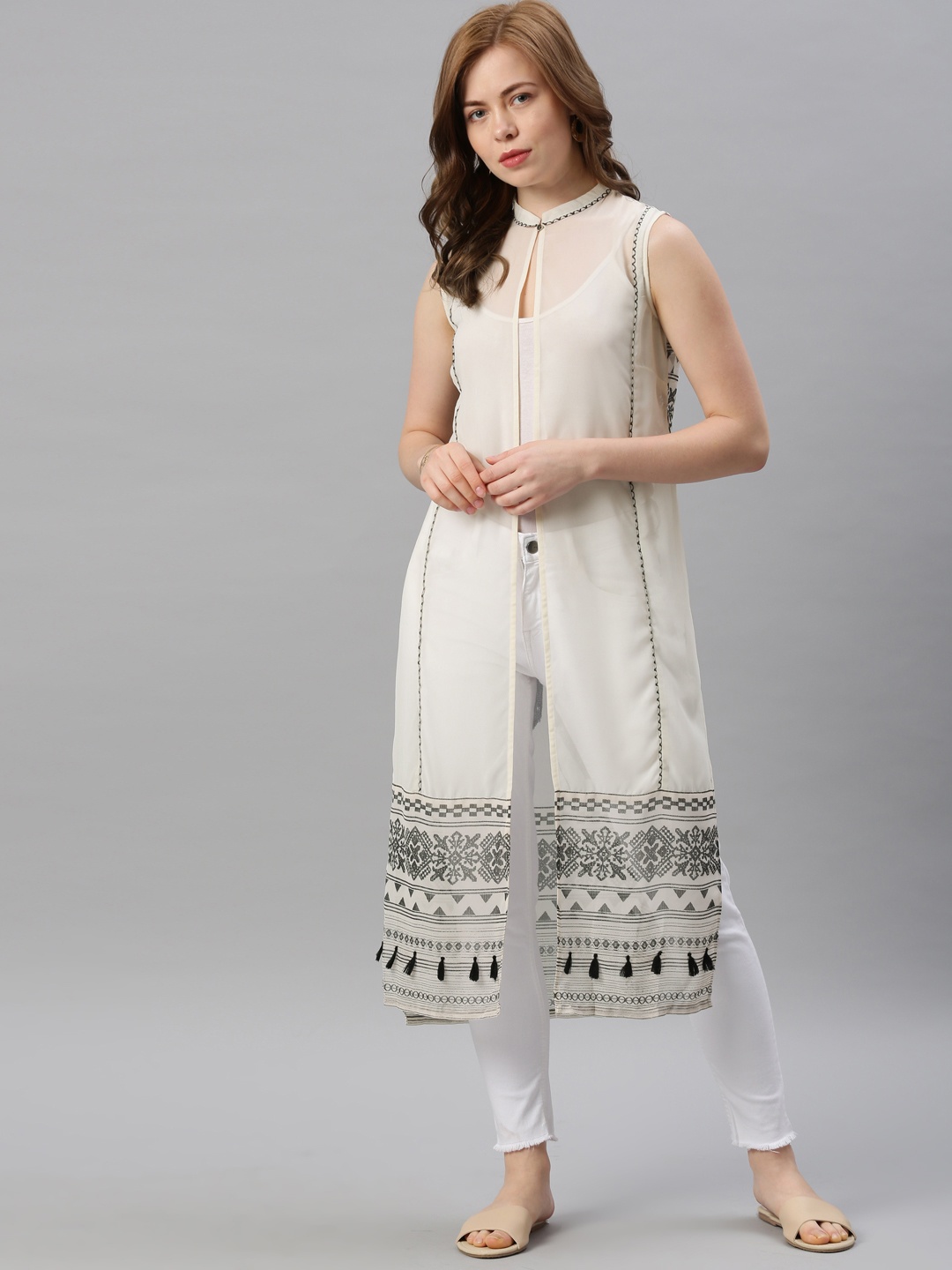 

W Women White Printed Longline Ethnic Jacket