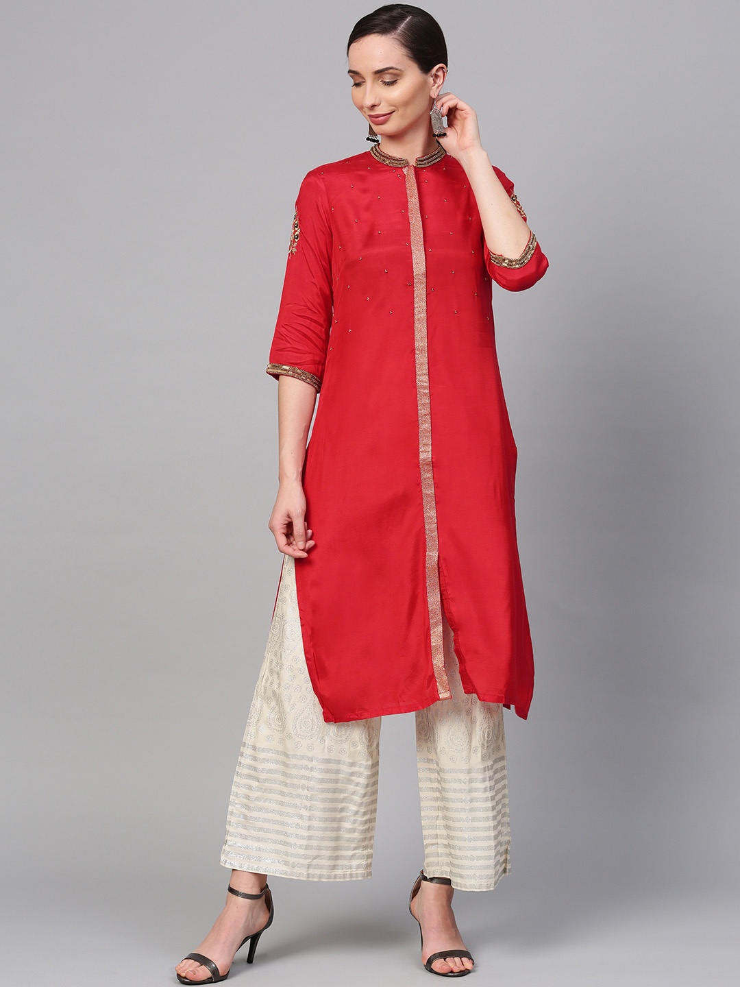 

Wishful by W Women Red Yoke Design Straight Kurta