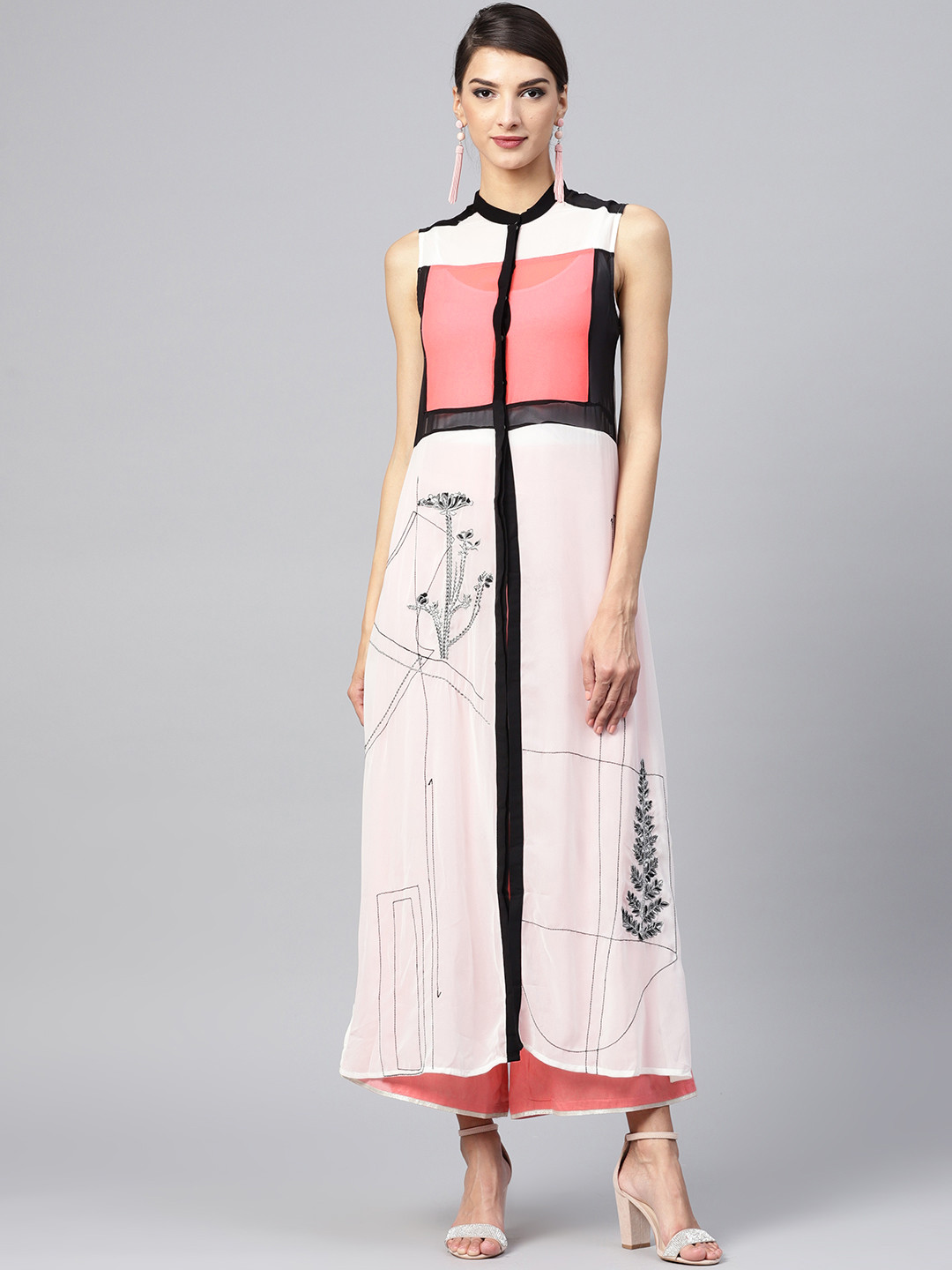 

W Women White & Coral Pink Embroidered Straight Kurta