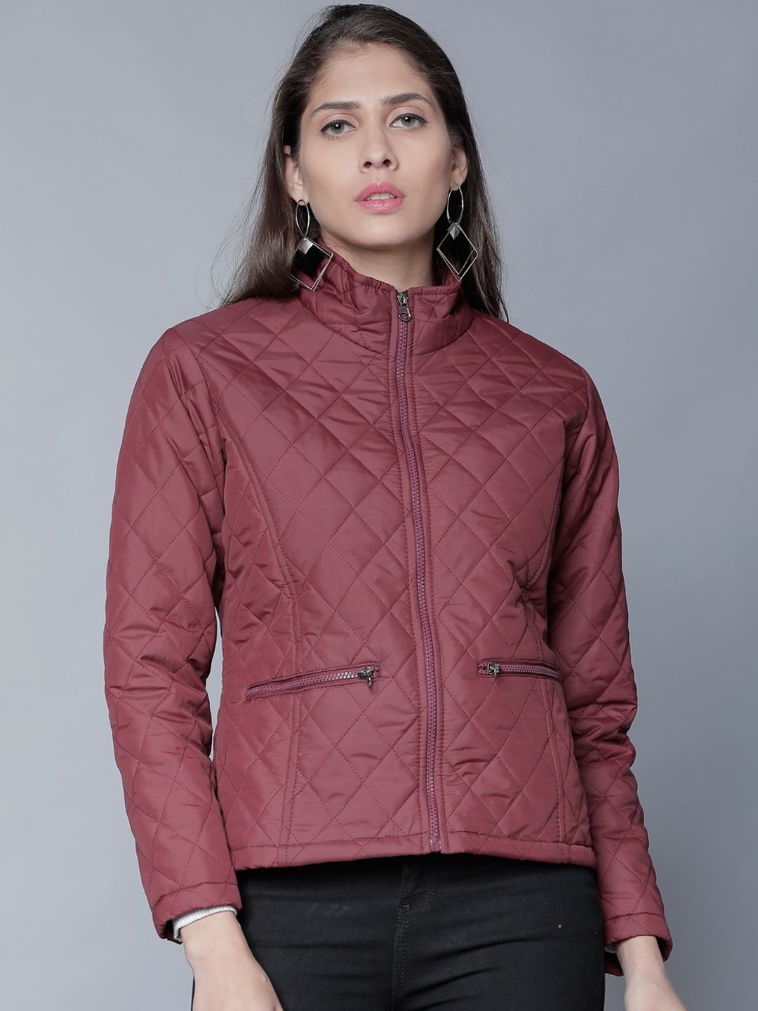 

Tokyo Talkies Women Burgundy Solid Quilted Jacket