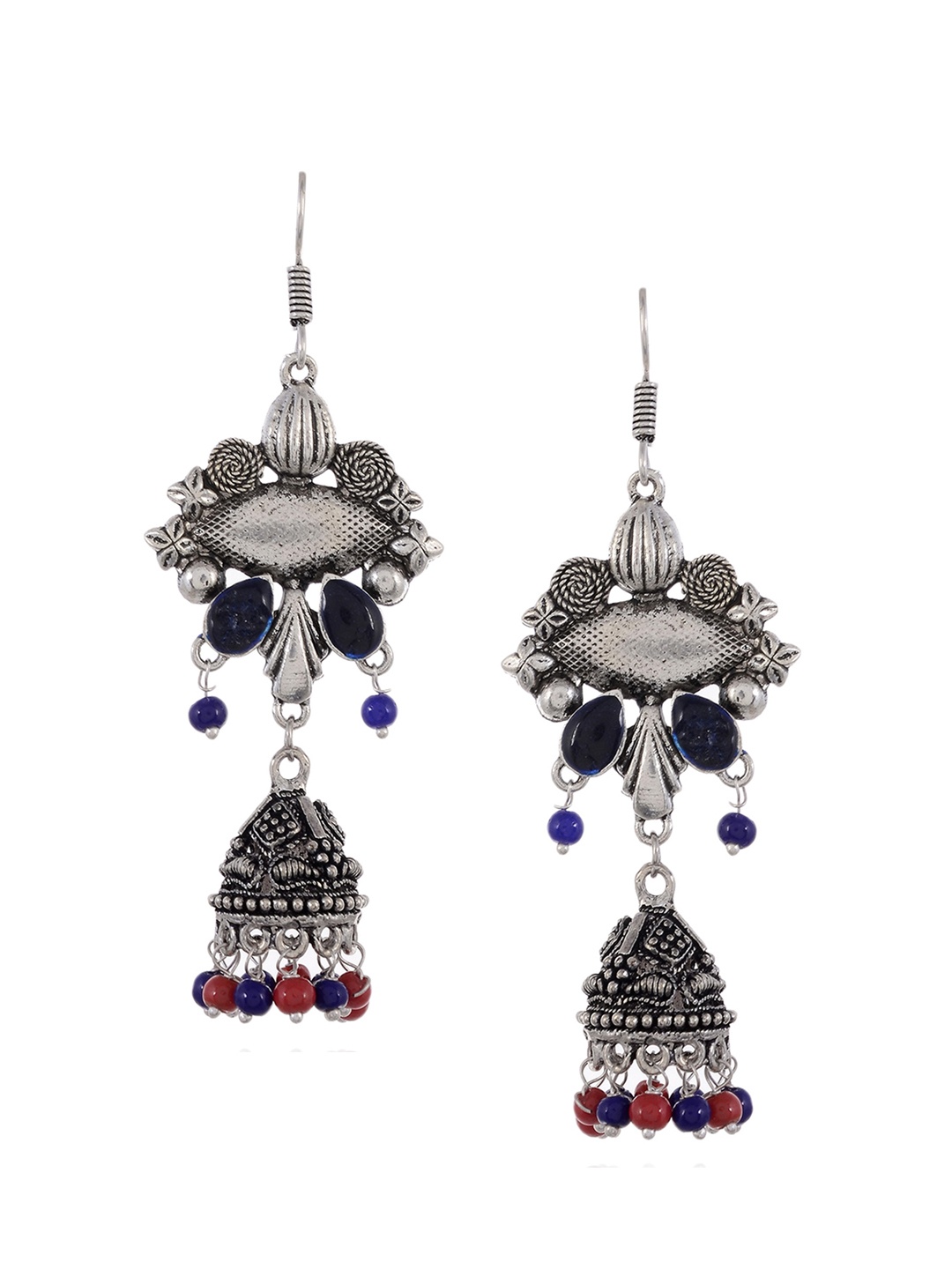 

Silvermerc Designs Silver-Plated & Blue Oxidised Onyx Studded Dome Shaped Jhumkas