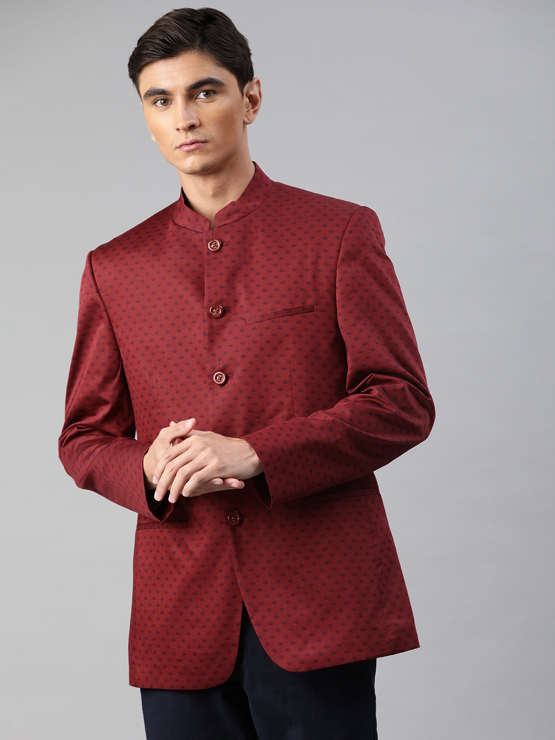 

Allen Solly Men Maroon & Blue Nottingham Fit Printed Bandhgala Blazer