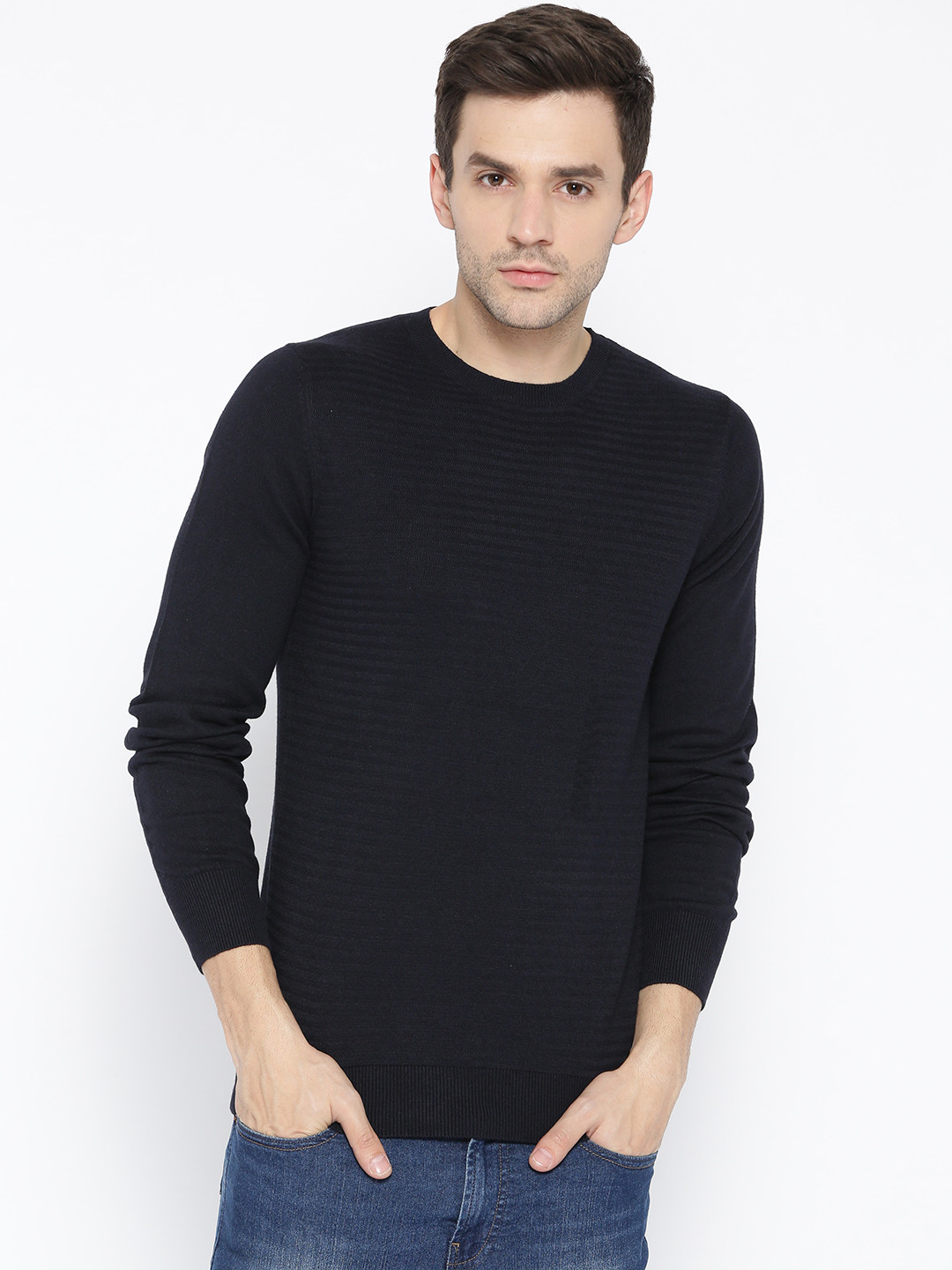 

Celio Men Navy Blue Self-Striped Pullover