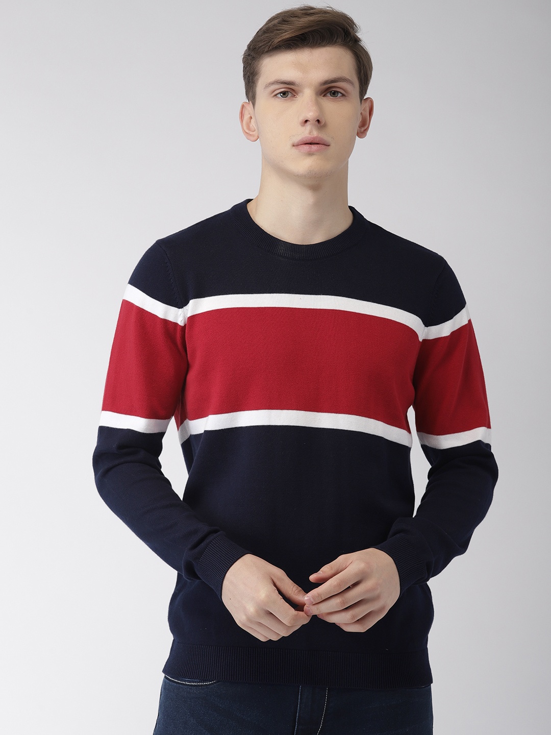 

Celio Men Navy Blue & Red Colourblocked Sweater