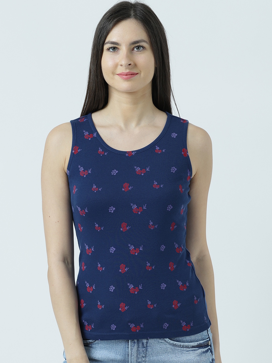 

Huetrap Women Navy Blue Printed Tank Pure Cotton Top