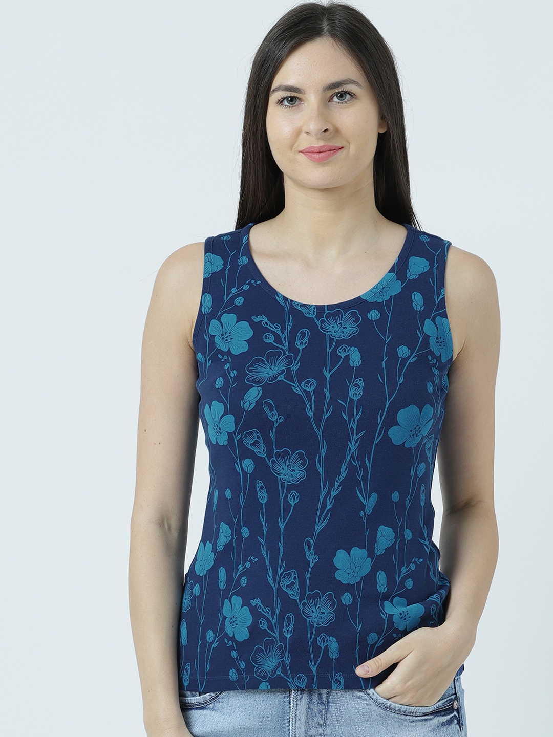 

Huetrap Women Navy Blue Floral Printed Tank Pure Cotton Top