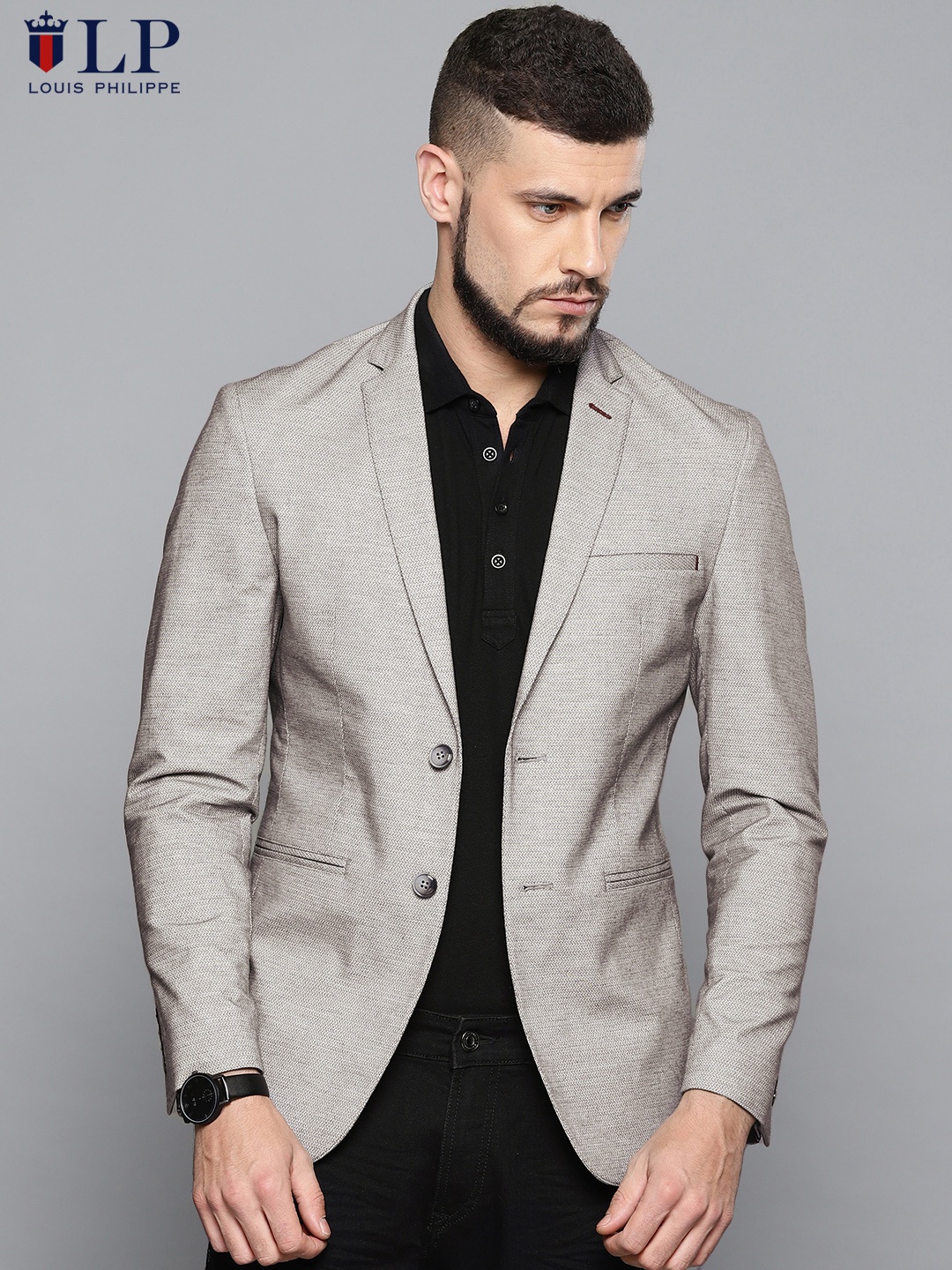 

Louis Philippe Sport Men Grey Self-Design Single-Breasted Smart Casual Pure Cotton Blazer