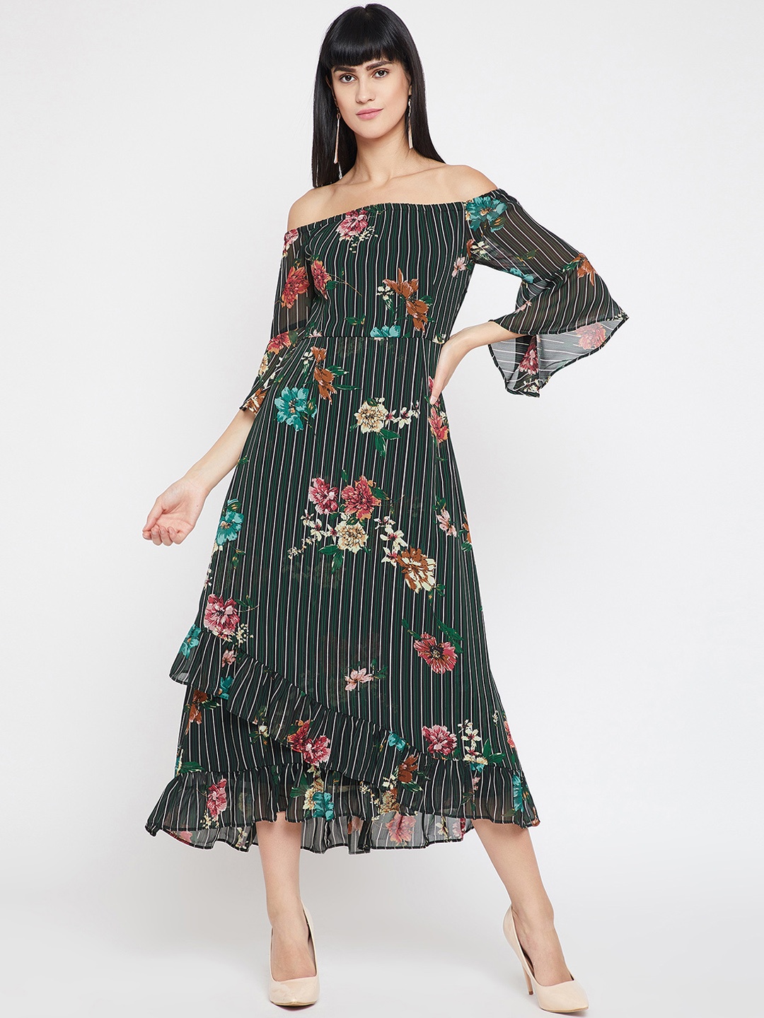 

RARE Women Green Printed Fit and Flare Dress