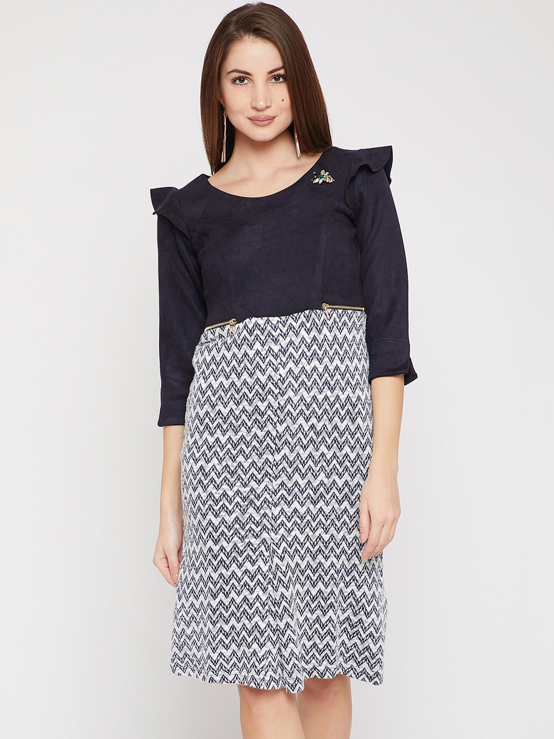 

RARE Women Navy Blue & Off-White Printed Sheath Dress