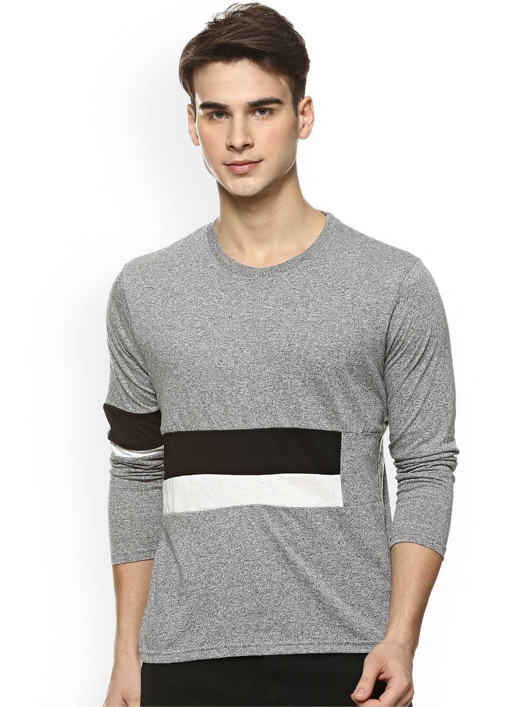 

Campus Sutra Men Grey Striped Round Neck T-shirt