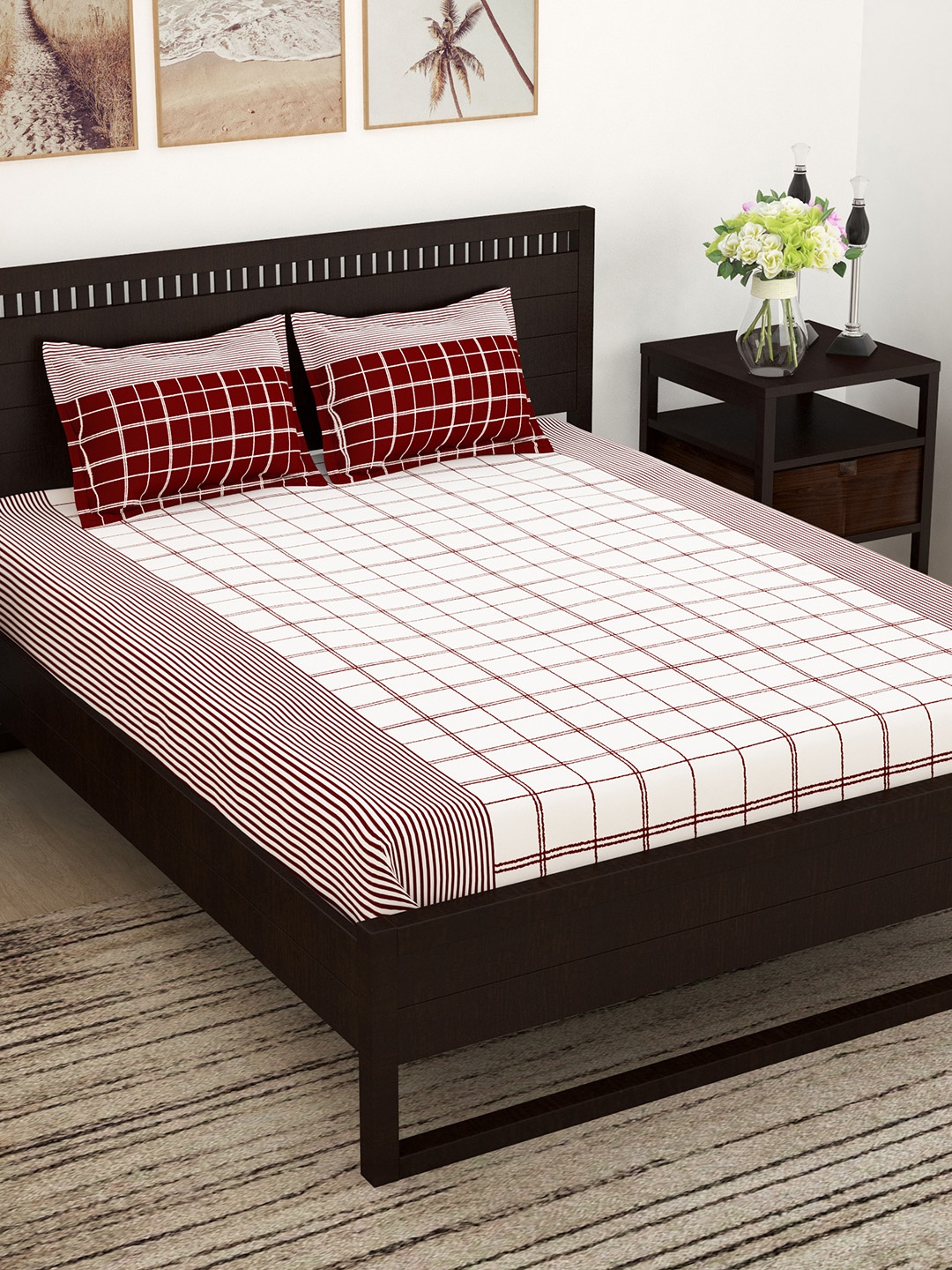 

Story@home Red White Geometric Flat 144 TC Cotton 1 Queen Bedsheet with 2 Pillow Covers