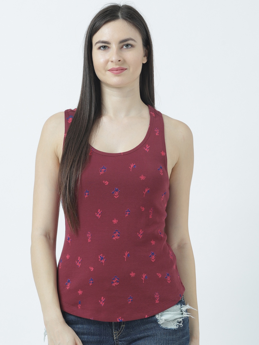 

Huetrap Women Maroon Printed Tank Pure Cotton Top