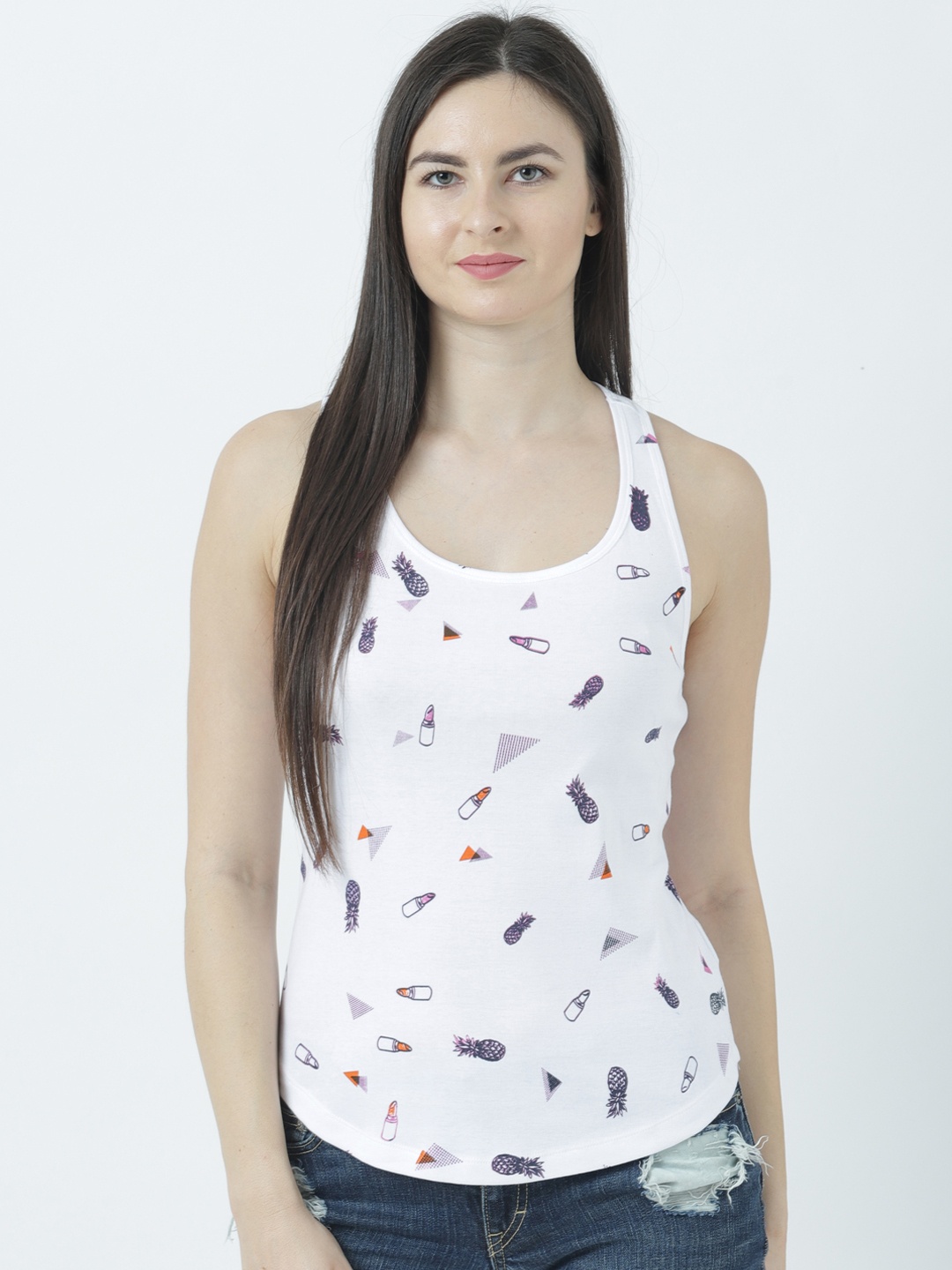 

Huetrap Women White Printed Tank Pure Cotton Top