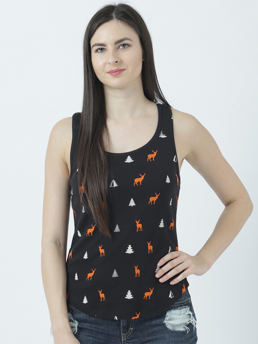 

Huetrap Women Black Printed Tank Pure Cotton Top
