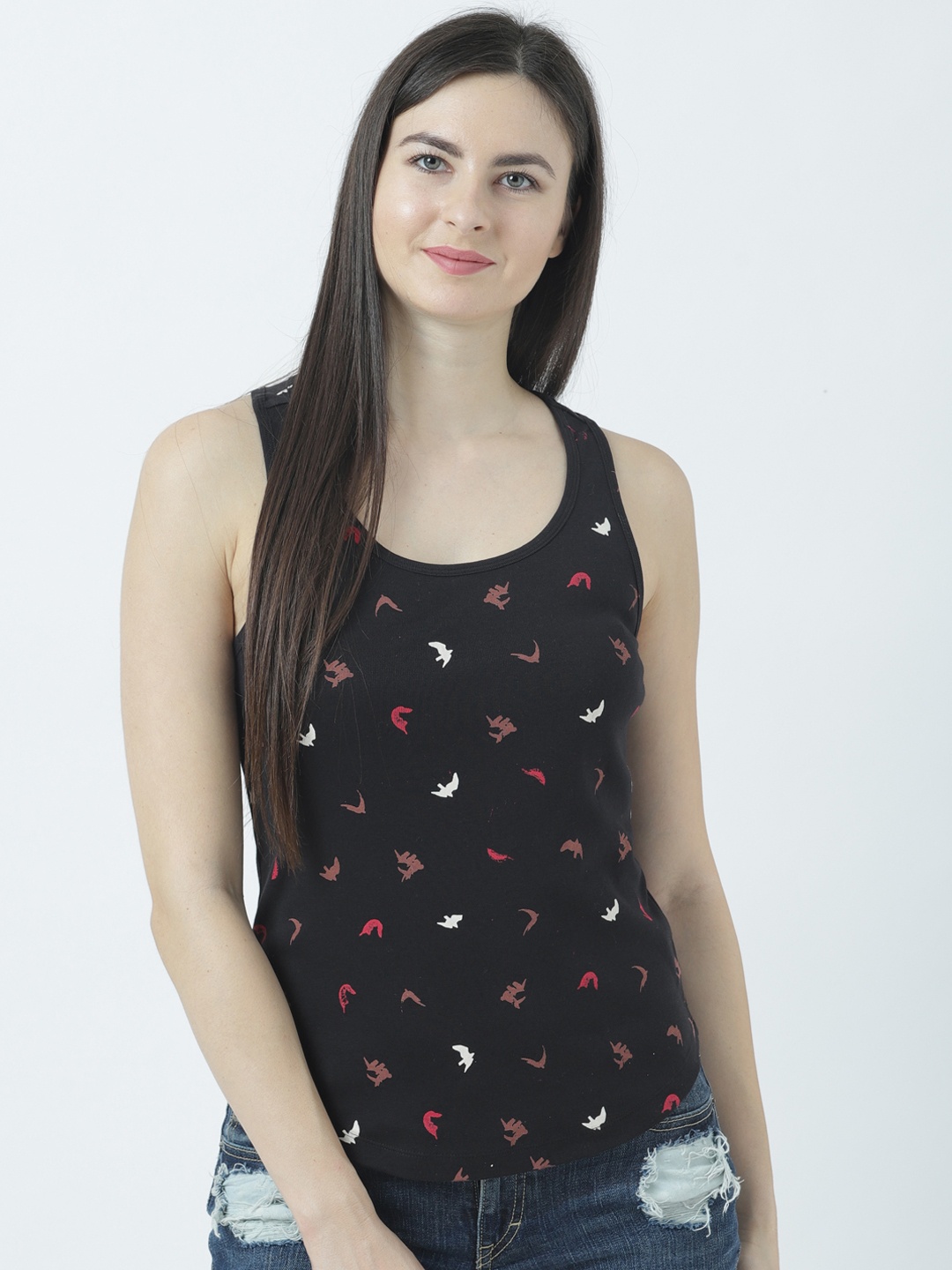 

Huetrap Women Black Printed Tank Pure Cotton Top