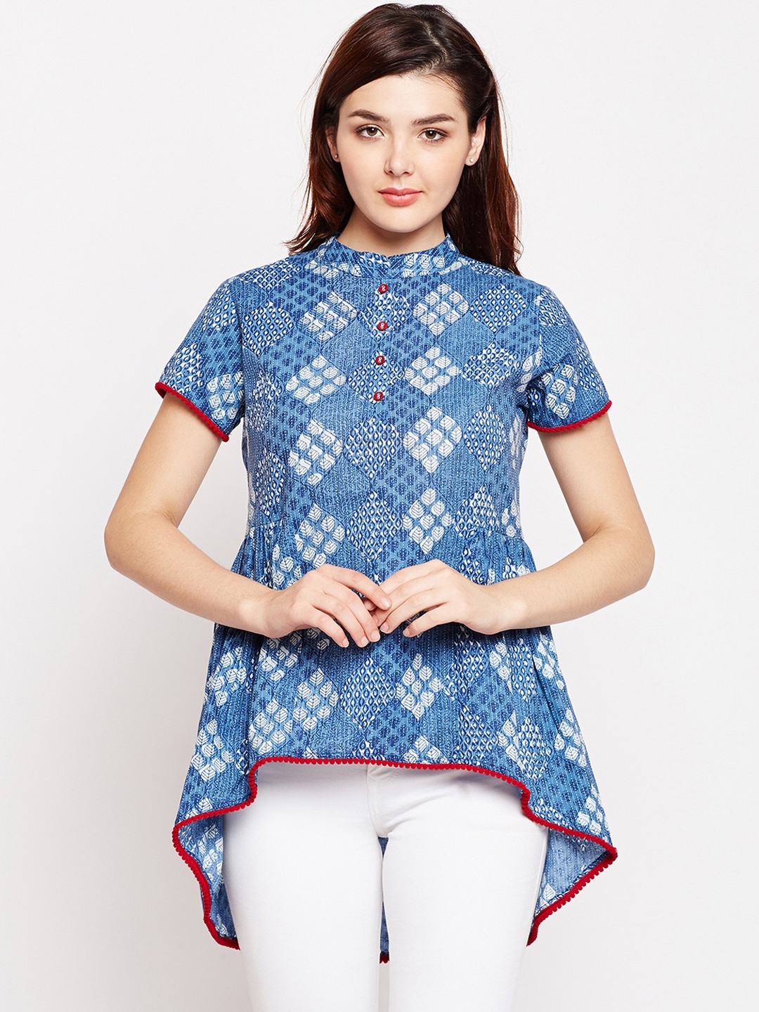 

Azira Women Blue Printed High-Low Longline Top