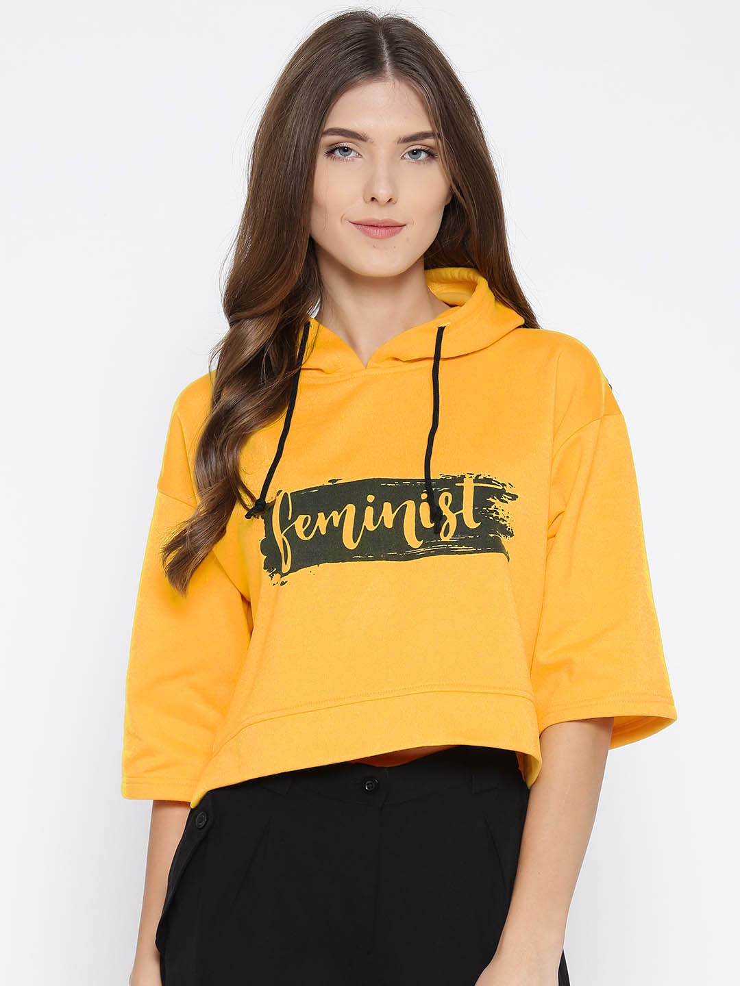 

Athena Women Yellow Printed Hooded Sweatshirt