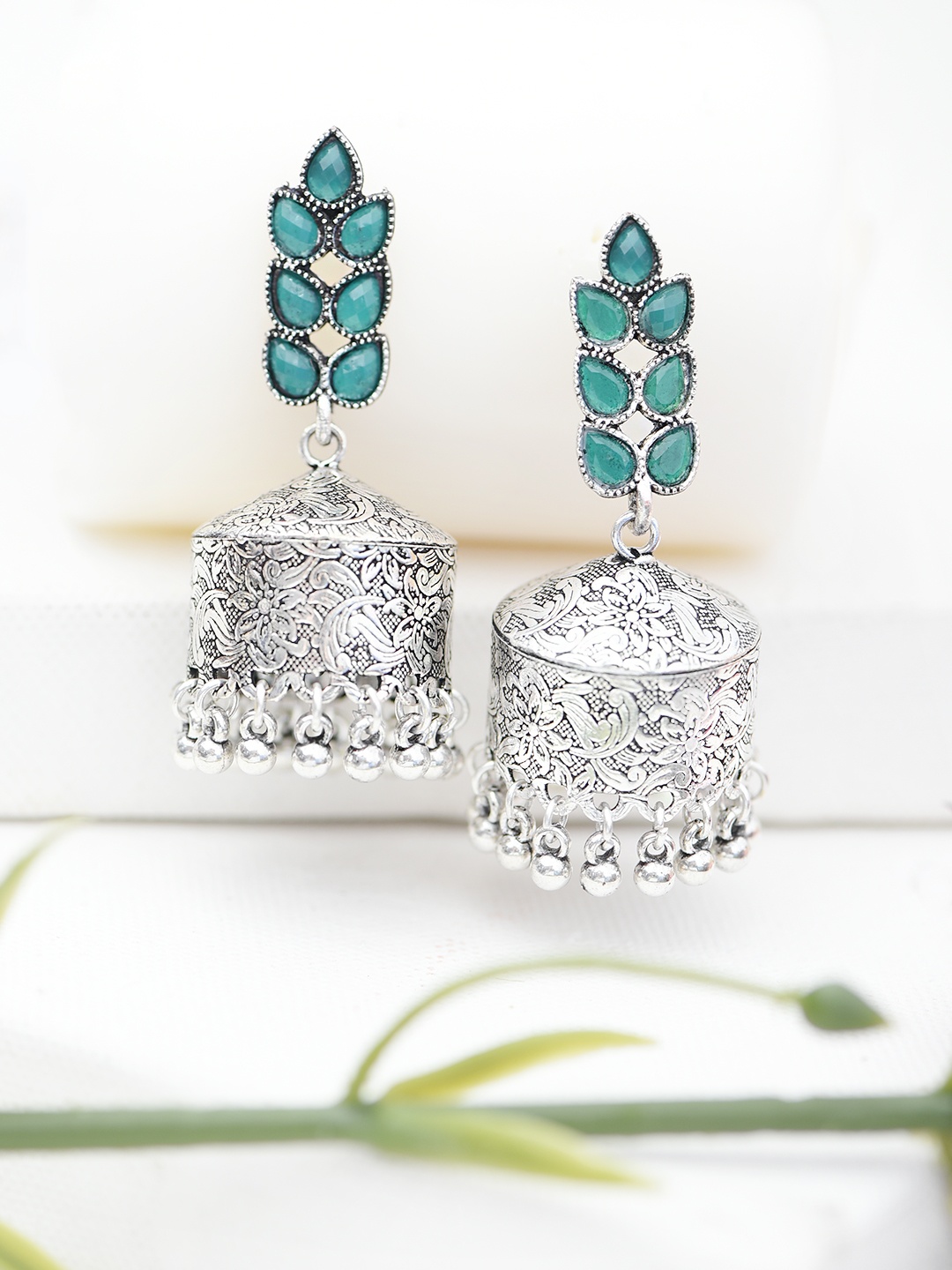 

justpeachy Silver-Toned & Green Dome Shaped Jhumkas