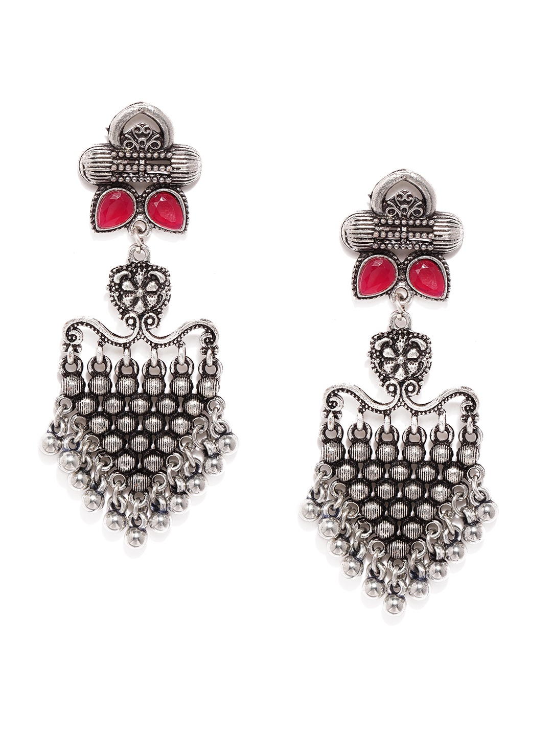 

justpeachy Silver-Toned & Pink Contemporary Oxidised Drop Earrings