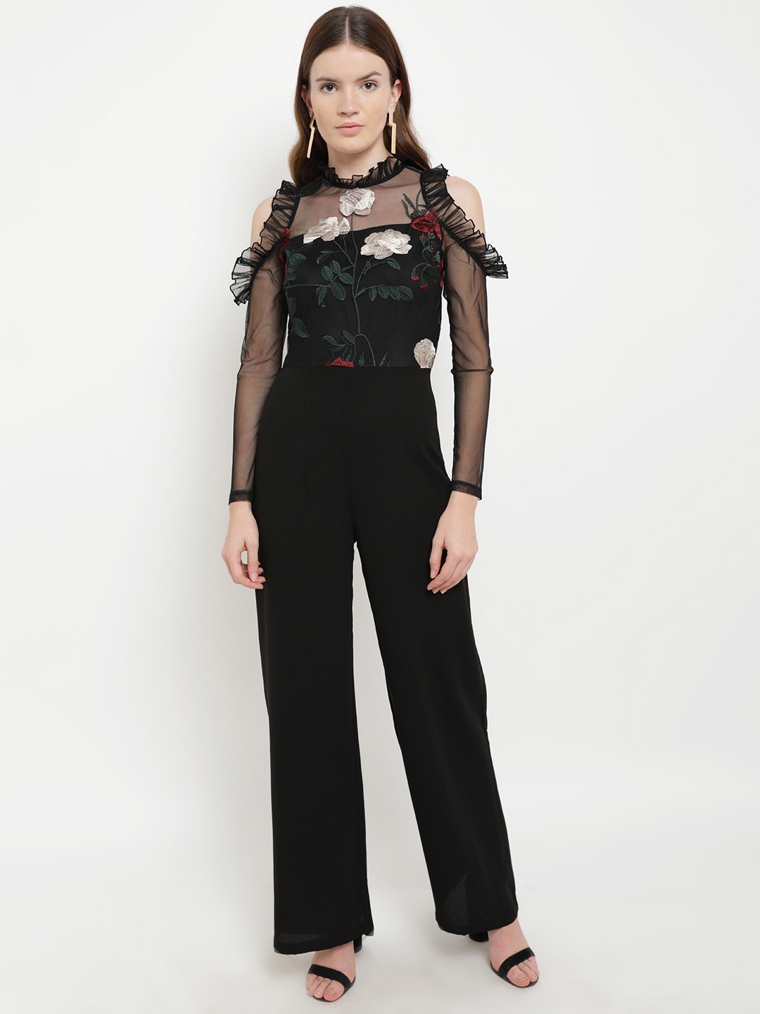 

Kazo Black Floral Embroidered Basic Jumpsuit