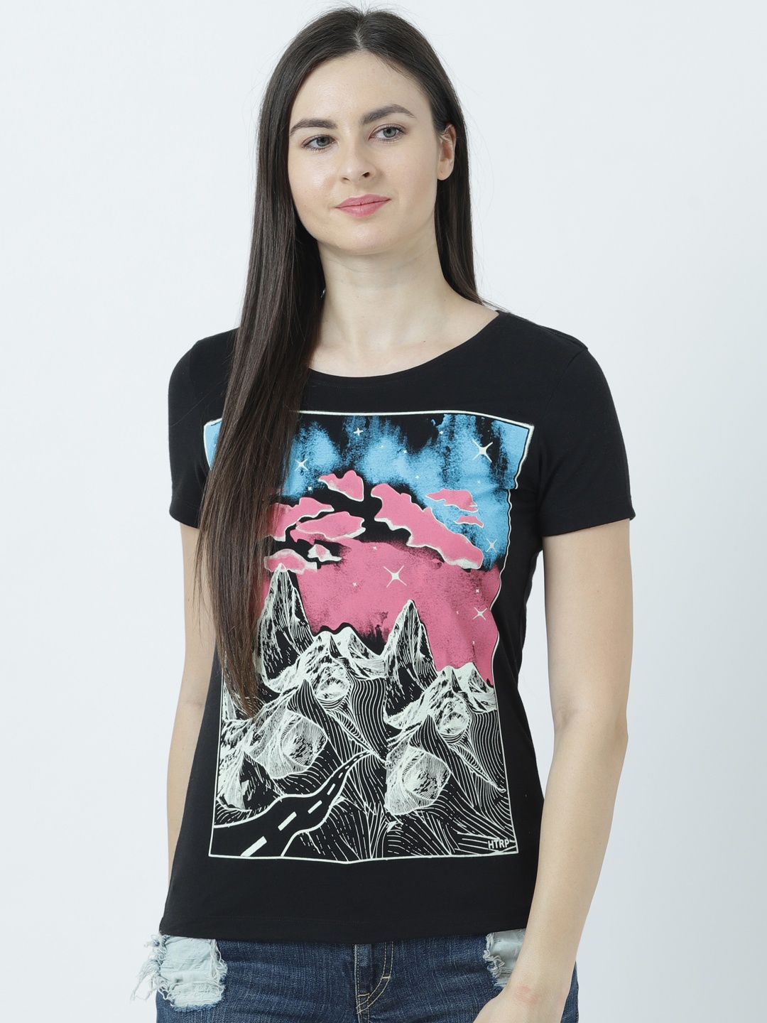 

Huetrap Women Black Printed Round Neck Glow In The Dark T-shirt