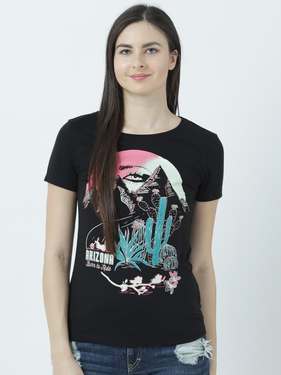

Huetrap Women Black Printed Round Neck Glow In The Dark T-shirt