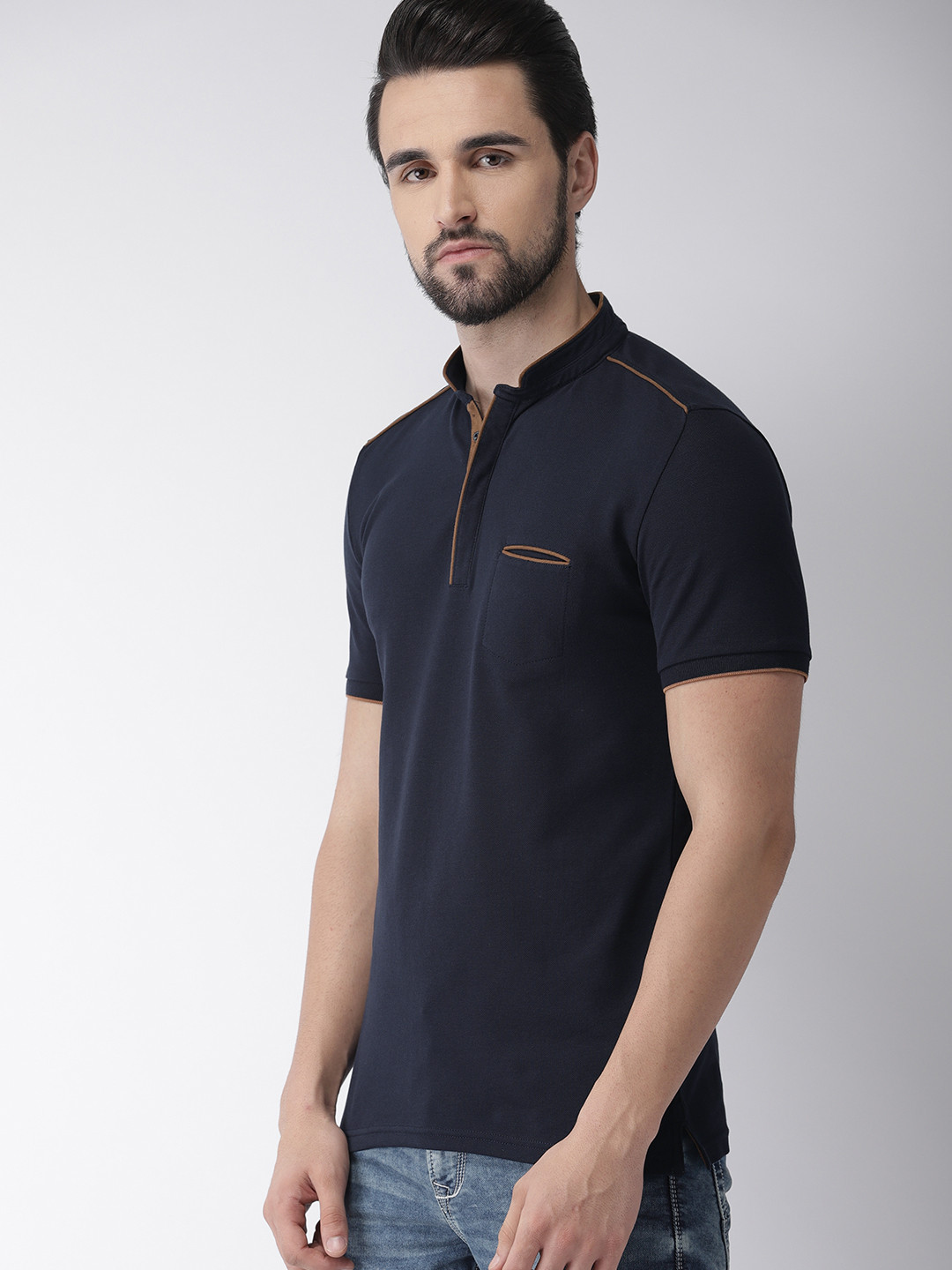 

Celio Men Navy Blue Solid Mandarin Collar T-shirt