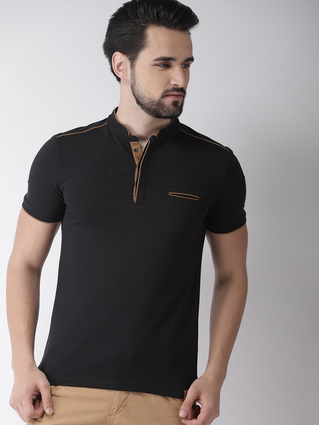 

Celio Men Black Solid Mandarin Collar T-shirt