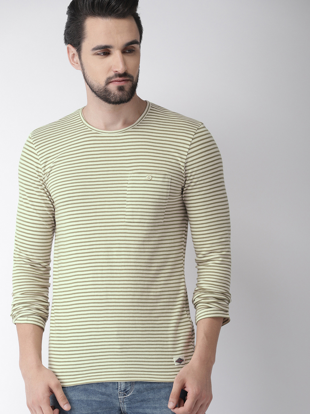 

Celio Men Beige Green Striped Round Neck Pure Cotton T-shirt