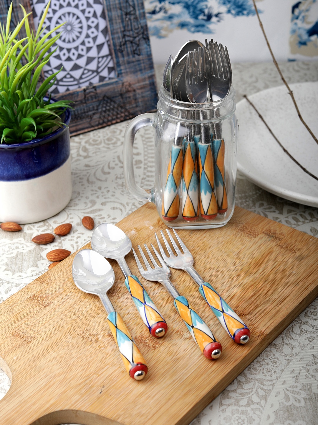 

VarEesha Set of 12 Multicolored Hand-painted Ceramic Spoon Set, Orange