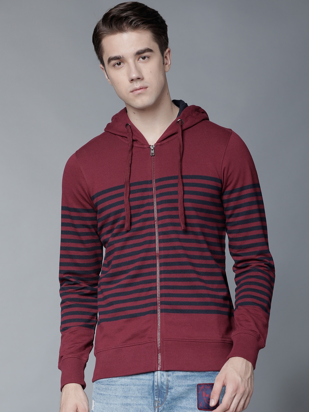 

HIGHLANDER Men Maroon & Navy Blue Striped Hooded Sweatshirt