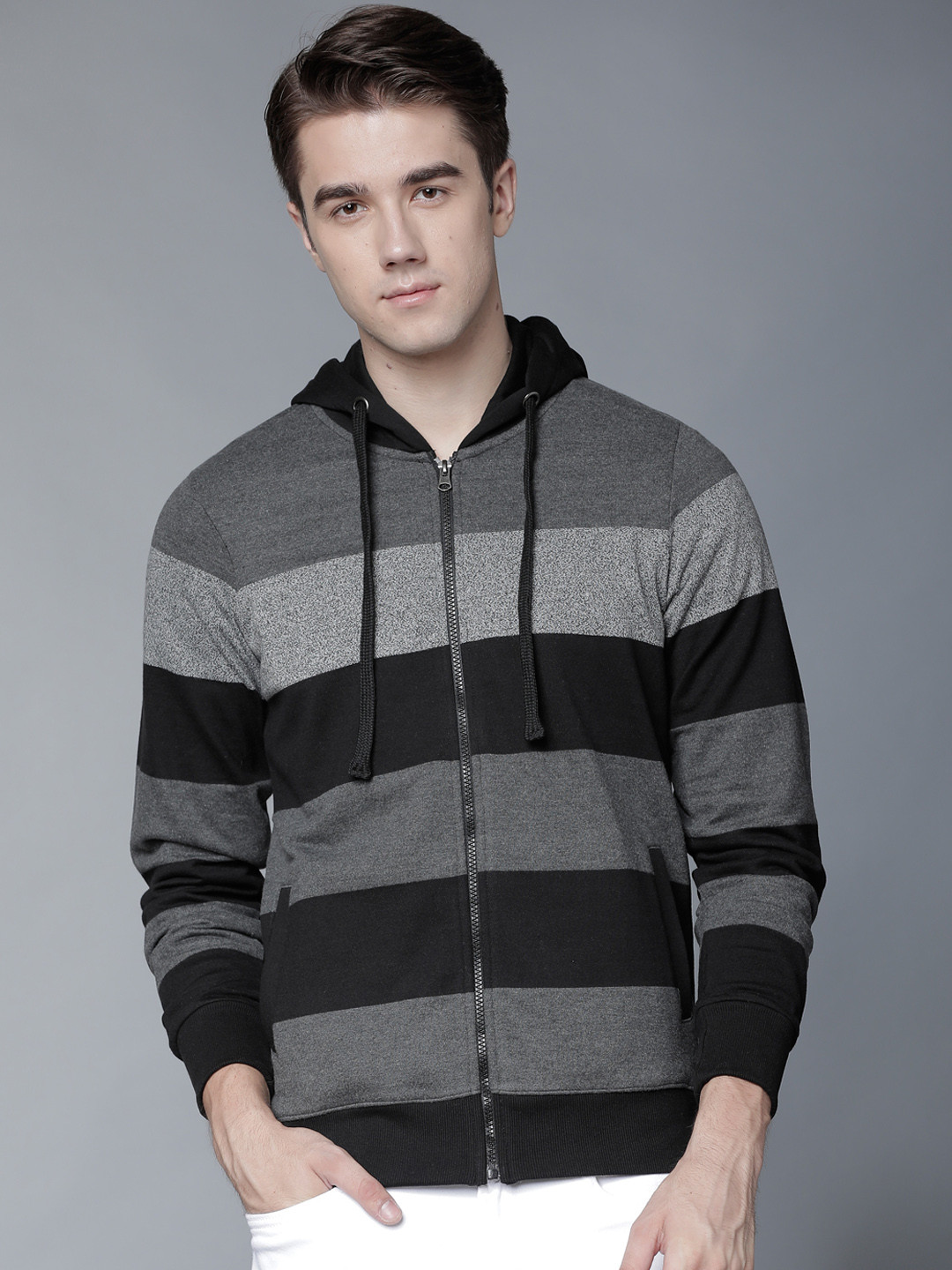 

HIGHLANDER Men Grey & Black Striped Hooded Sweatshirt
