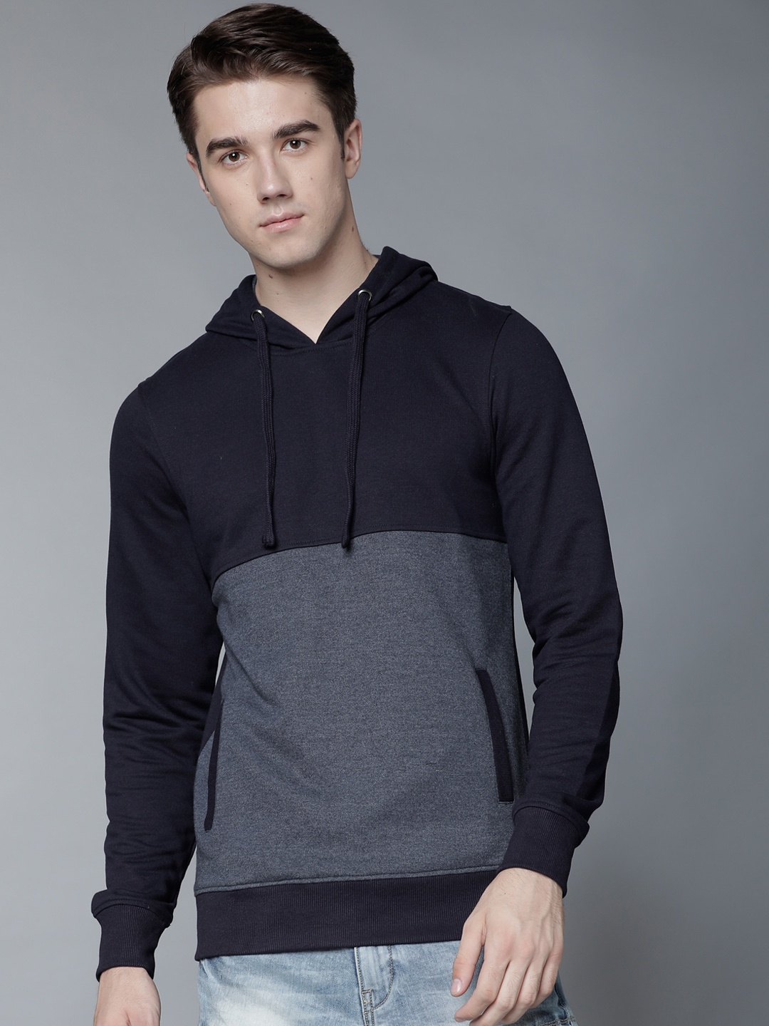 

HIGHLANDER Men Navy Blue Colourblocked Hooded Sweatshirt