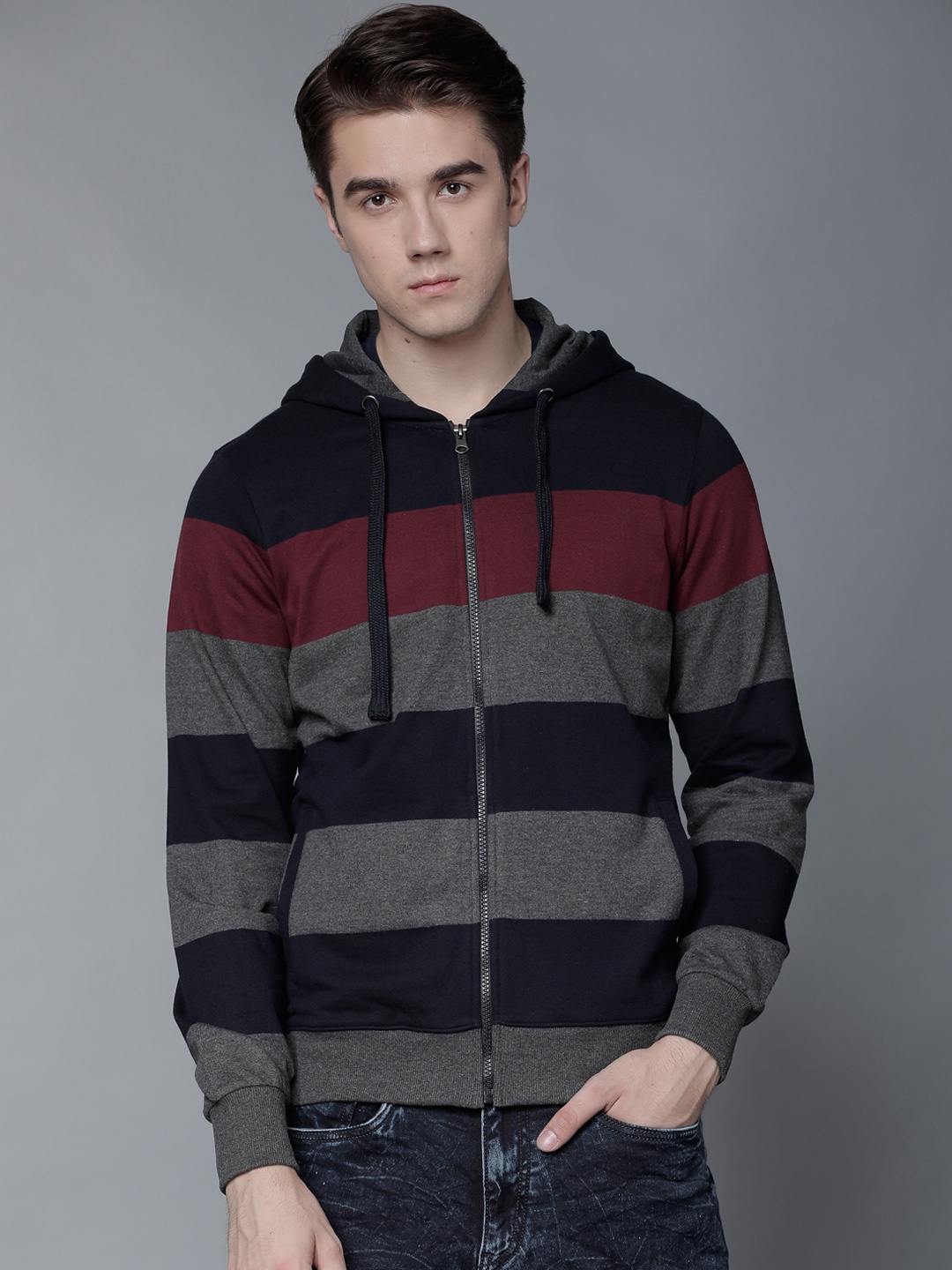 

HIGHLANDER Men Navy Blue & Maroon Striped Hooded Sweatshirt