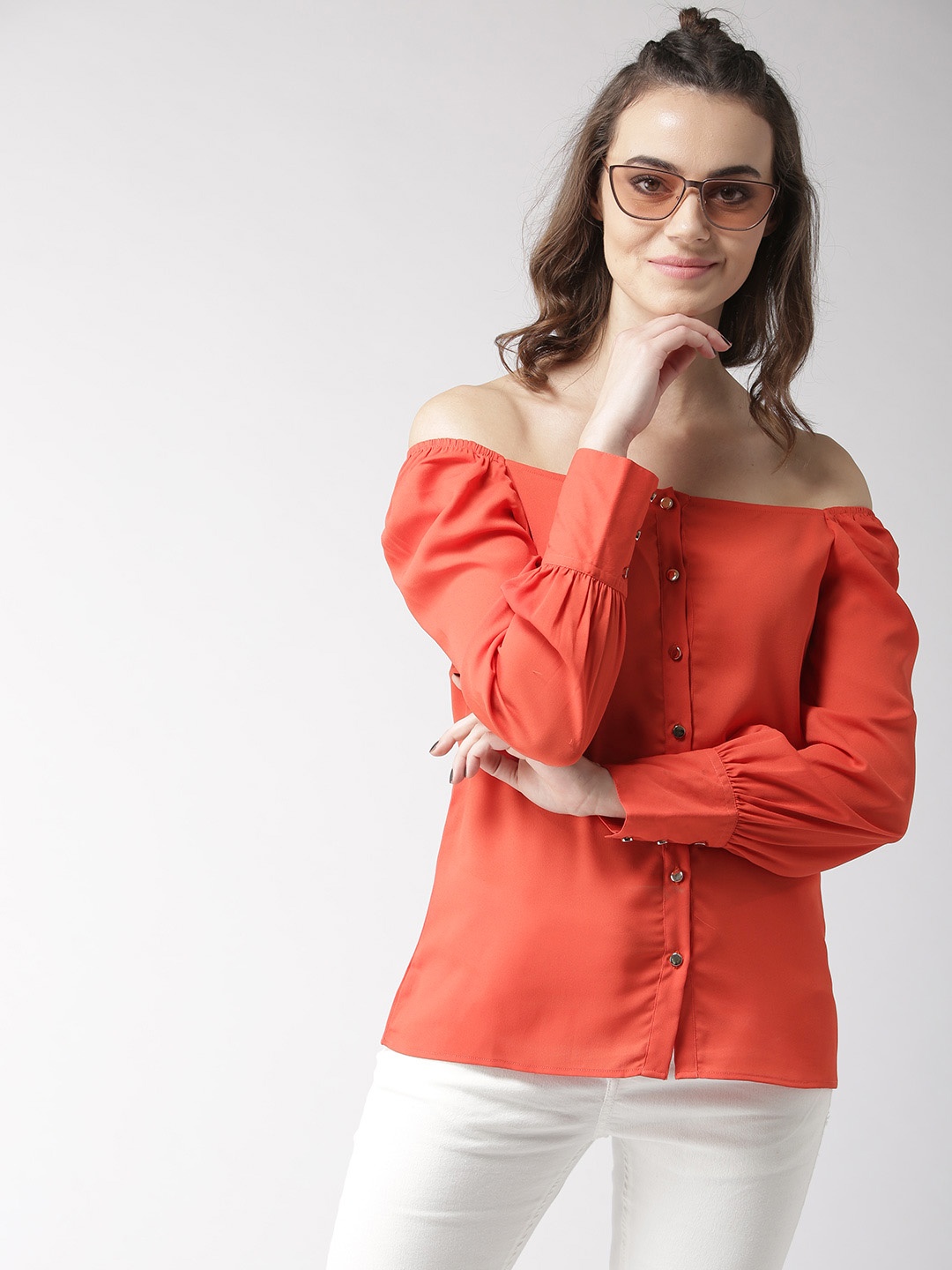 

Style Quotient Women Orange Solid Bardot Top