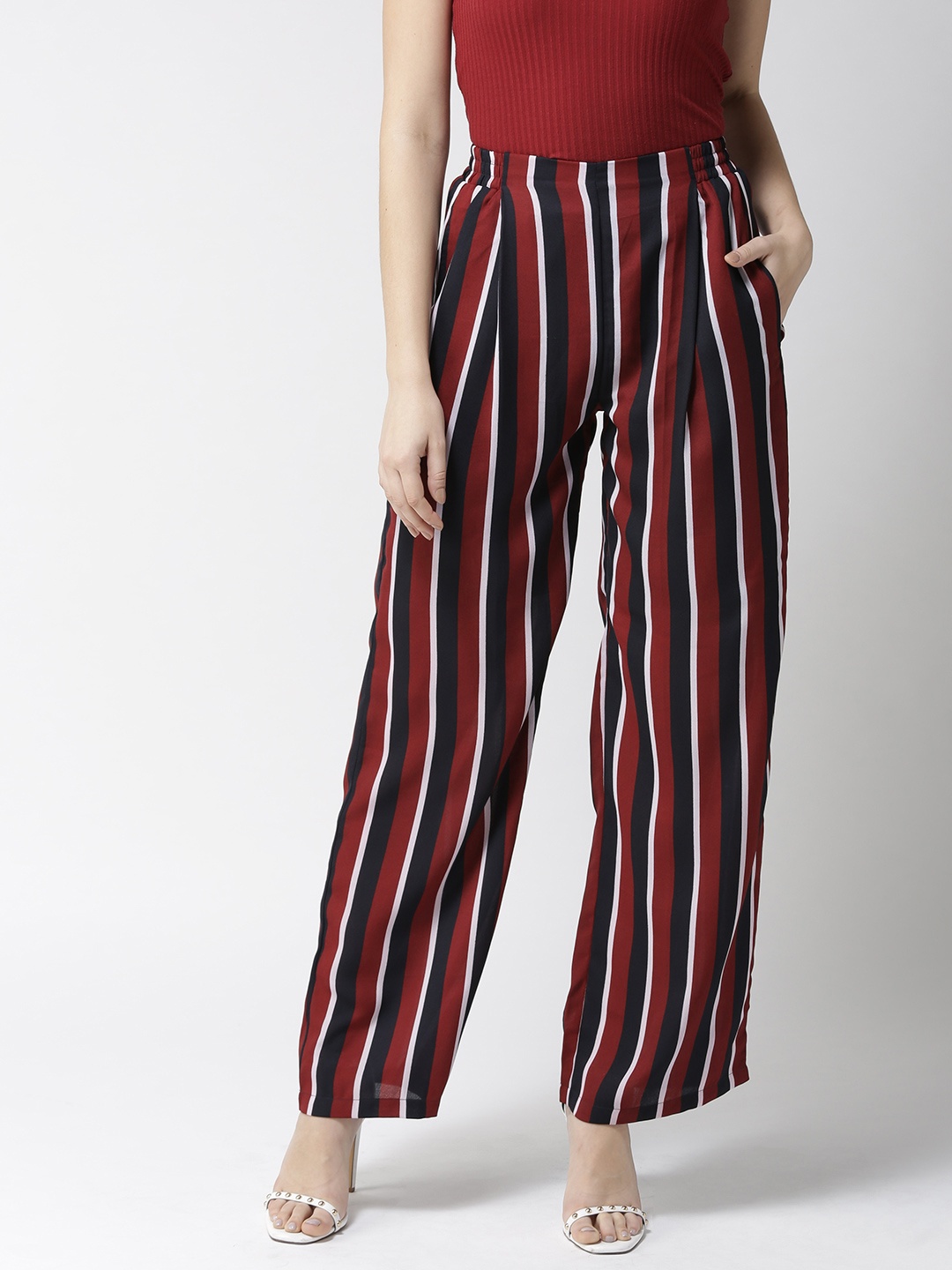 

Style Quotient Women Maroon & Navy Blue Loose Fit Striped Parallel Trousers