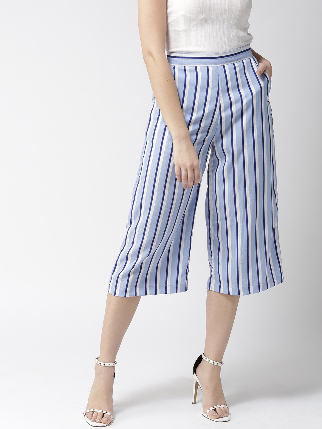 

Style Quotient Women Blue & White Loose Fit Striped Culottes