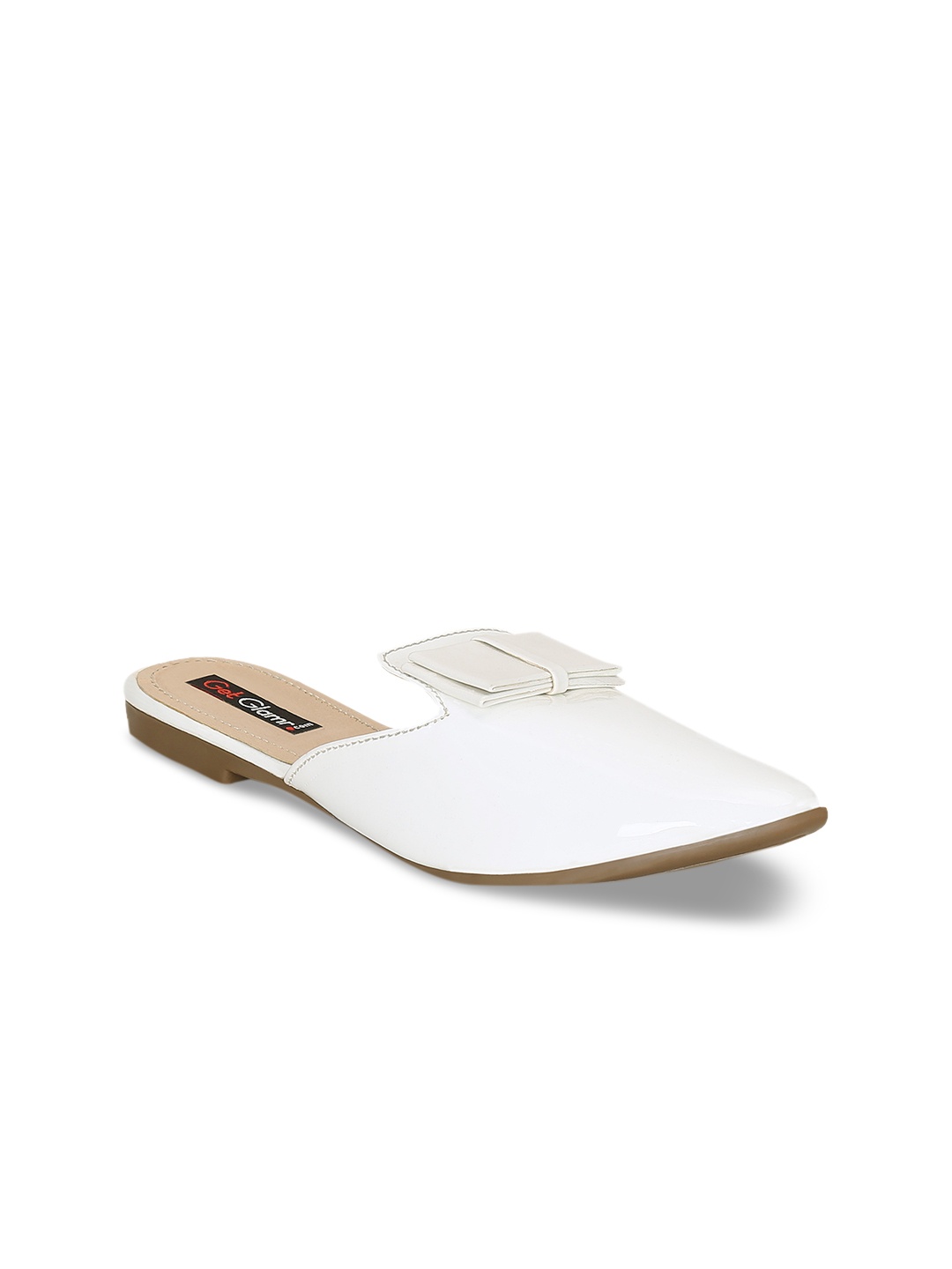 

Get Glamr Women White Solid Synthetic Patent Mules