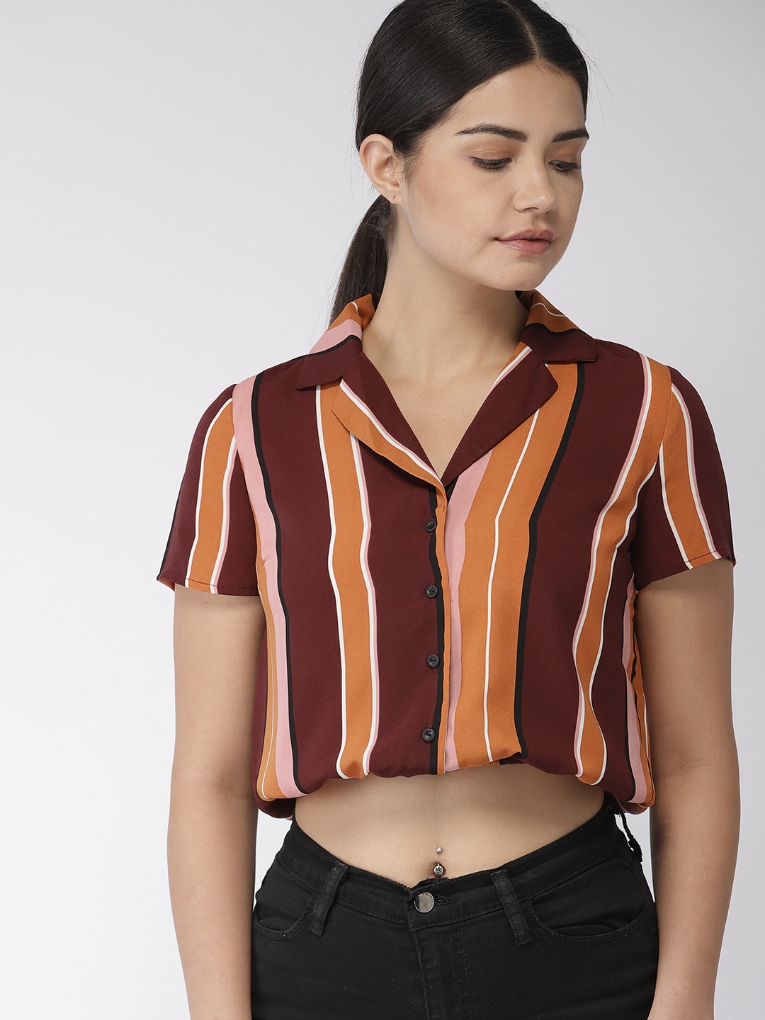 

FOREVER 21 Women Burgundy & Rust Orange Regular Fit Striped Crop Casual Shirt