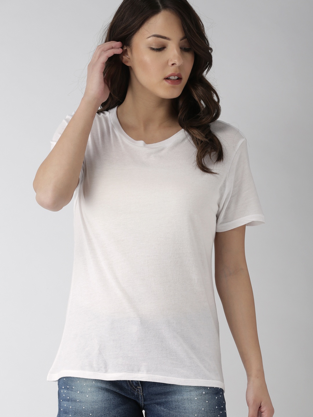 

FOREVER 21 Women White Solid Round Neck T-shirt