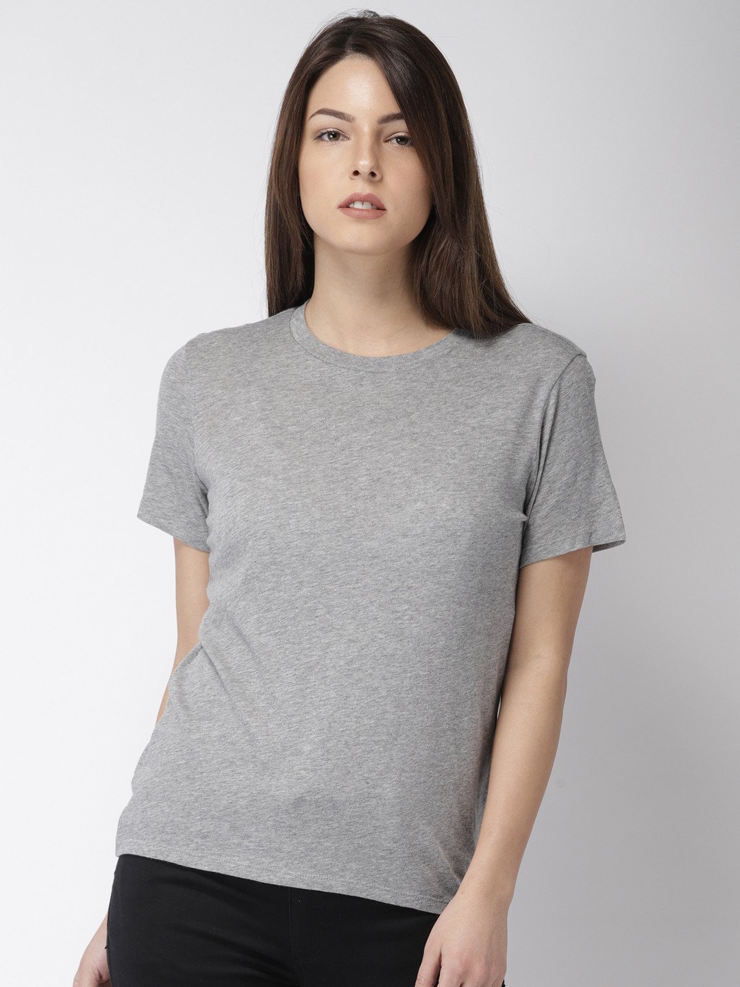 

FOREVER 21 Women Grey Melange Solid Round Neck T-shirt