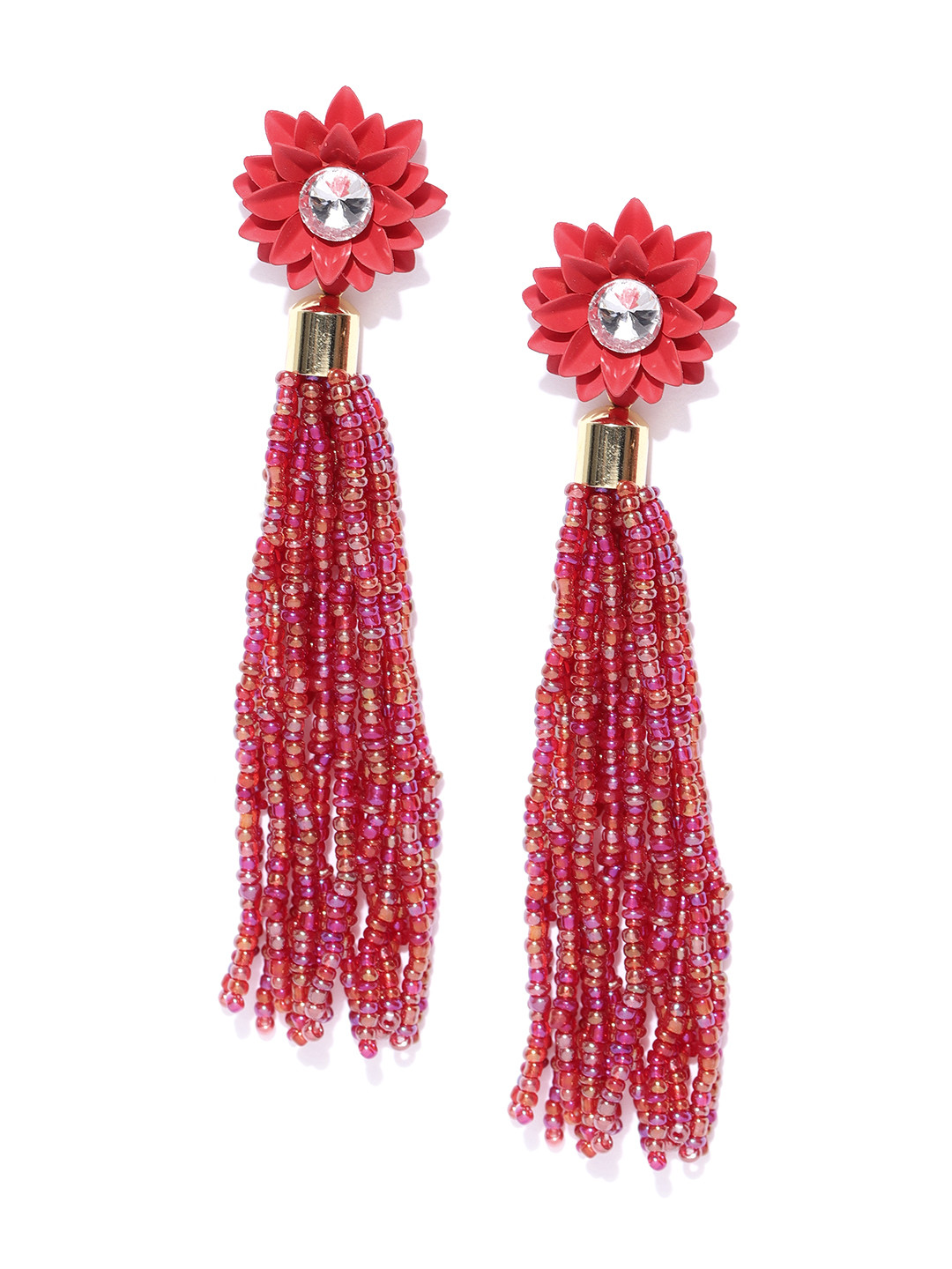 

Jewels Galaxy Red Gold-Plated Handcrafted Tasselled Floral Drop Earrings