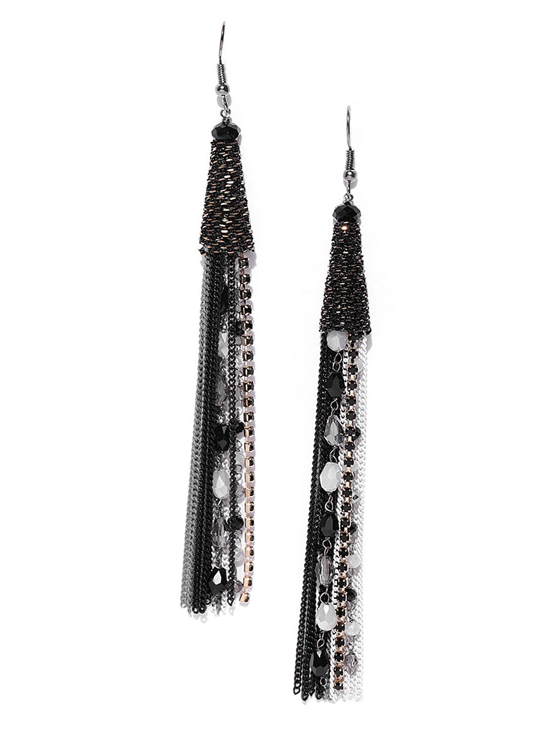 

Jewels Galaxy Black & White Silver-Plated Handcrafted Tasselled Drop Earrings